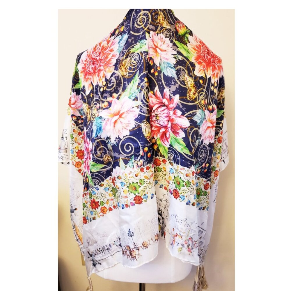Johnny Was 100% Silk Tasseled Scarf/Shawl Uptown Multicolor Floral Print